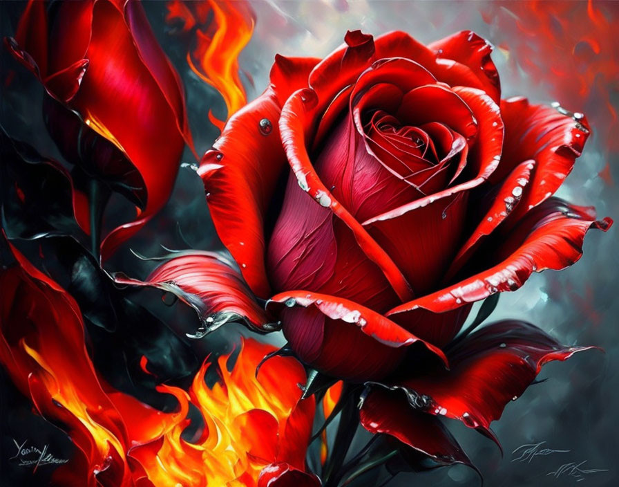 Digital Artwork: Red Rose with Water Droplets on Dramatic Fiery Background