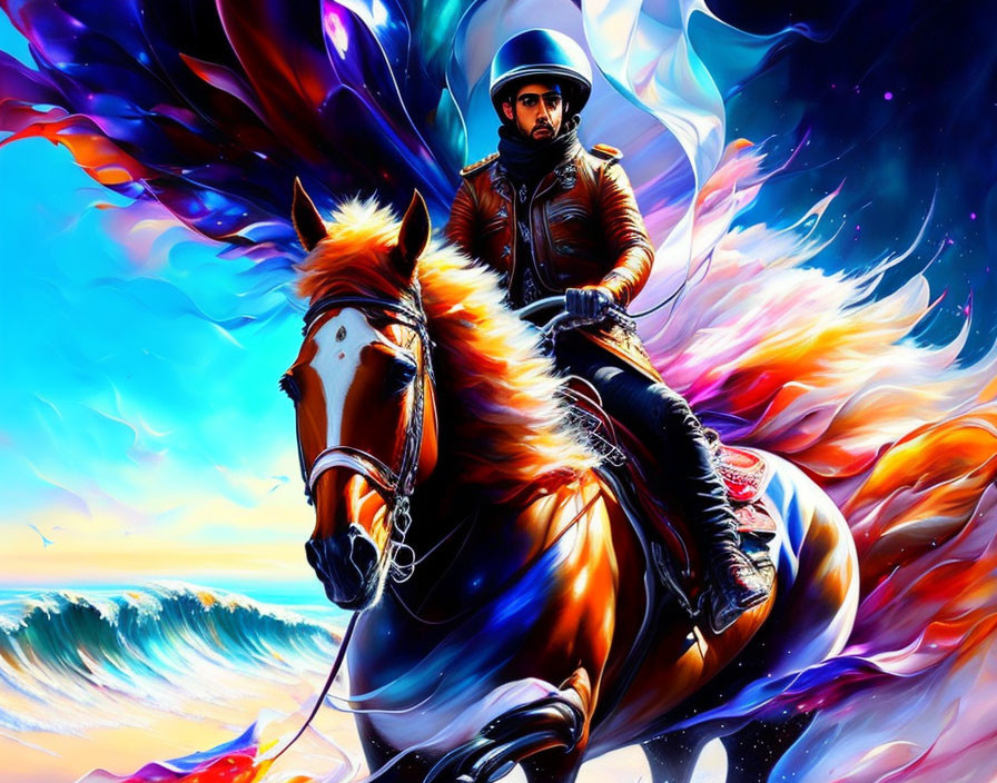 Colorful painting: person in helmet & leather jacket on fiery-maned horse, with waves & vivid