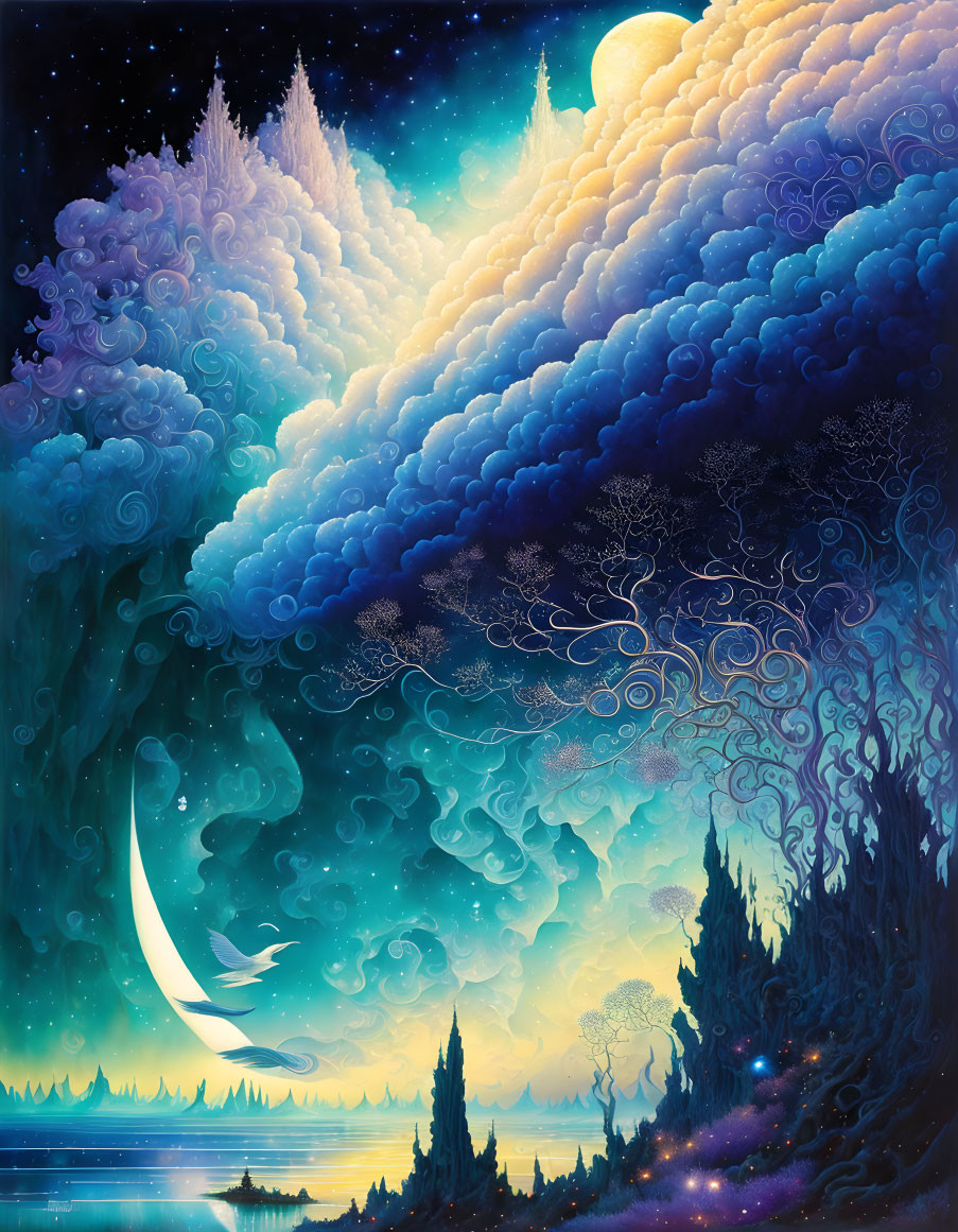 Fantasy landscape with starry sky, crescent moon, swirling clouds, and mystical forest