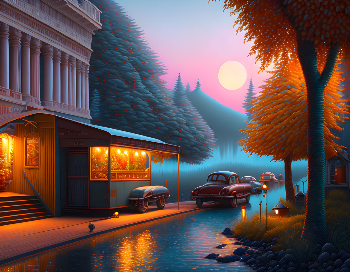 Vintage snack bar, classic cars, and serene twilight scene with classical building by the lake.