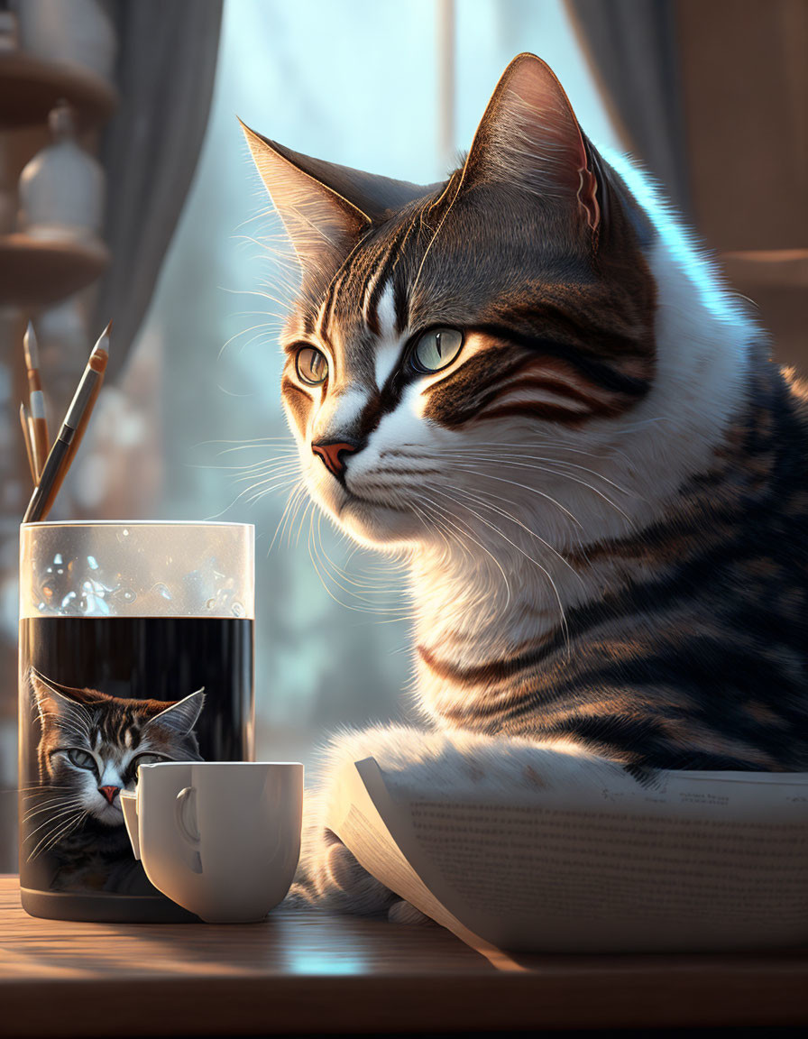 Tabby cat with striking eyes near cup and book by window with soft light.