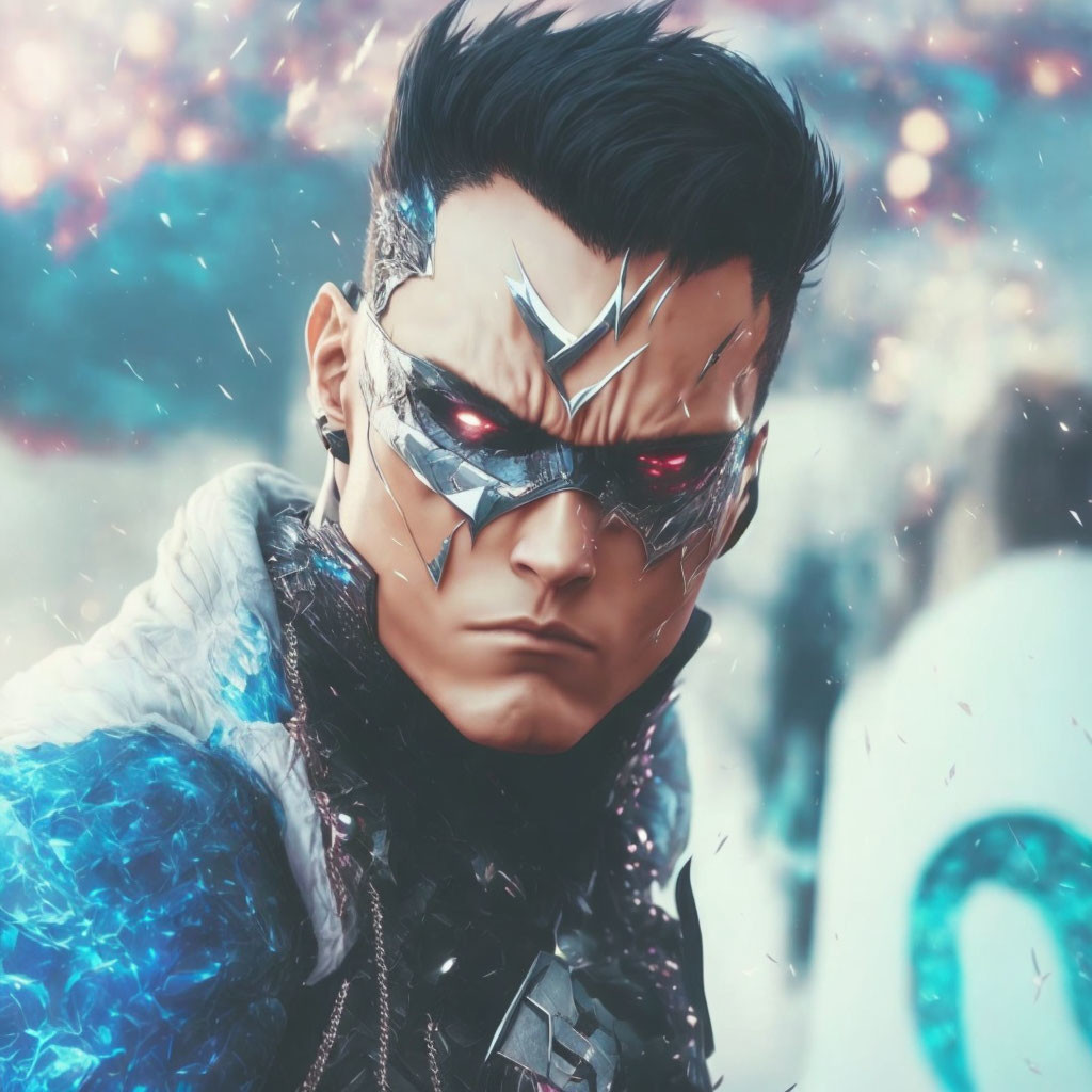 Futuristic person with silver lightning bolt eyewear in blue jacket