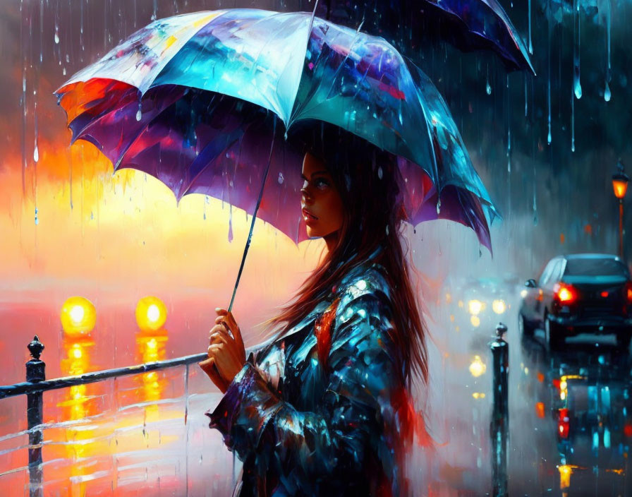 Woman under colorful umbrella in rainy city street at night