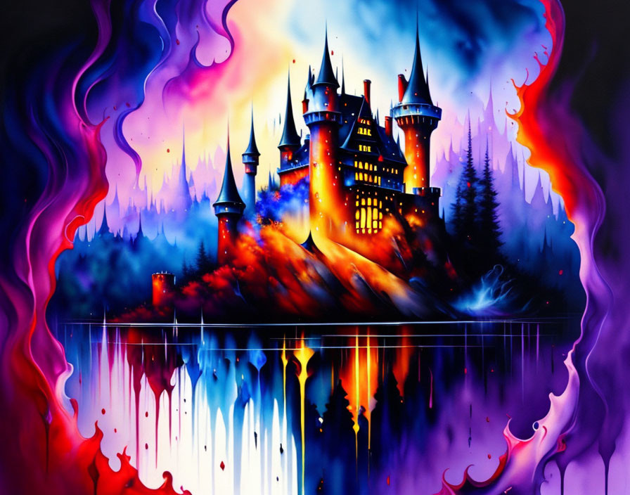 Colorful castle illustration with swirling purple, blue, and red hues.