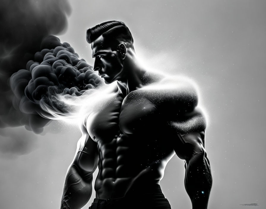 Monochrome illustration of muscular man exhaling smoke swirls