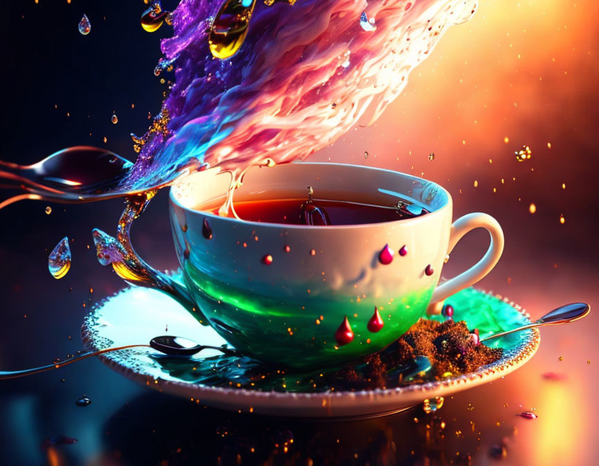 Colorful liquid in cup with dynamic splashes and droplets.