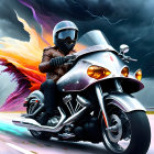 Motorcyclist in skull helmet rides under stormy sky with fiery winged skull