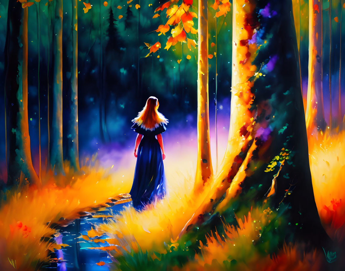 Person in Vibrant Autumn Forest with Glowing Path