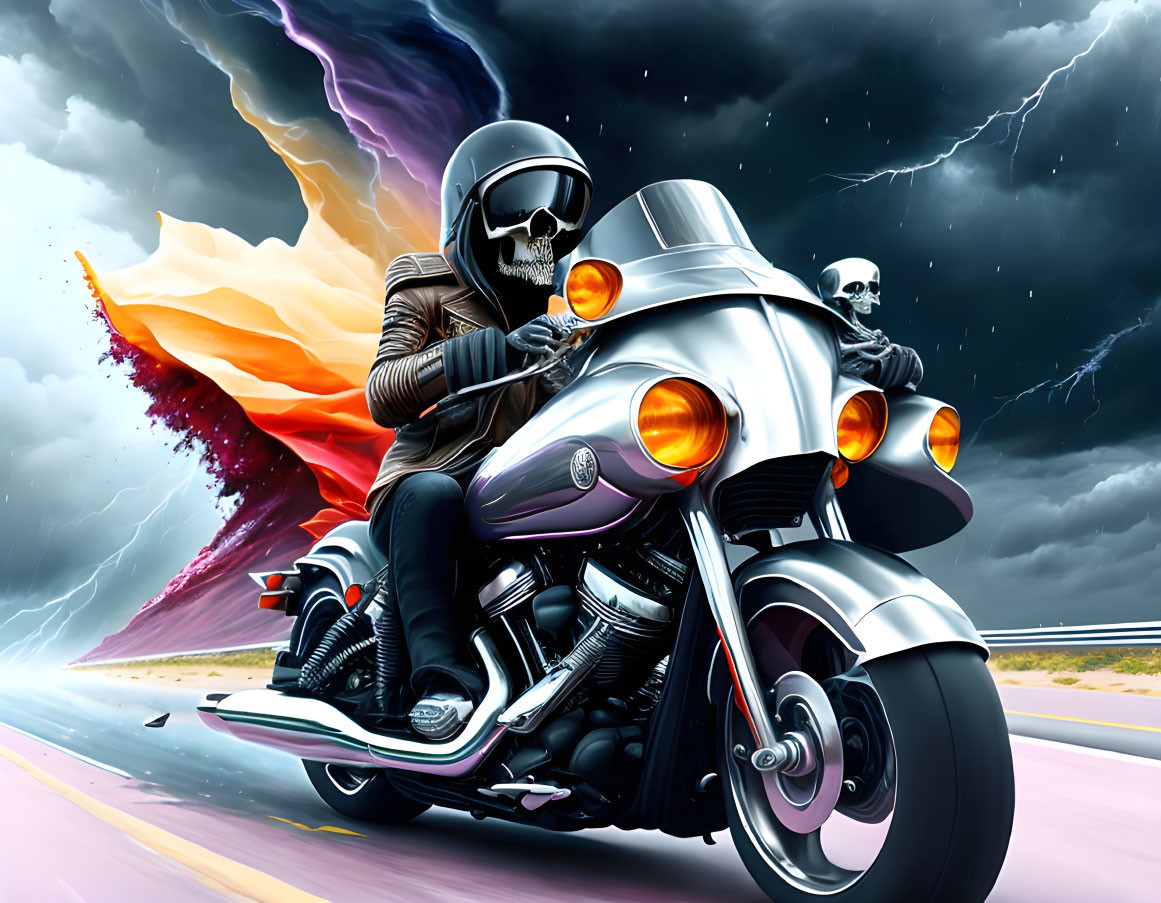 Motorcyclist in skull helmet rides under stormy sky with fiery winged skull