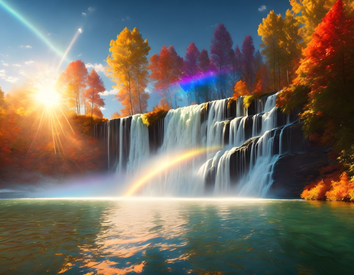 Majestic waterfall in autumn forest with rainbow reflection