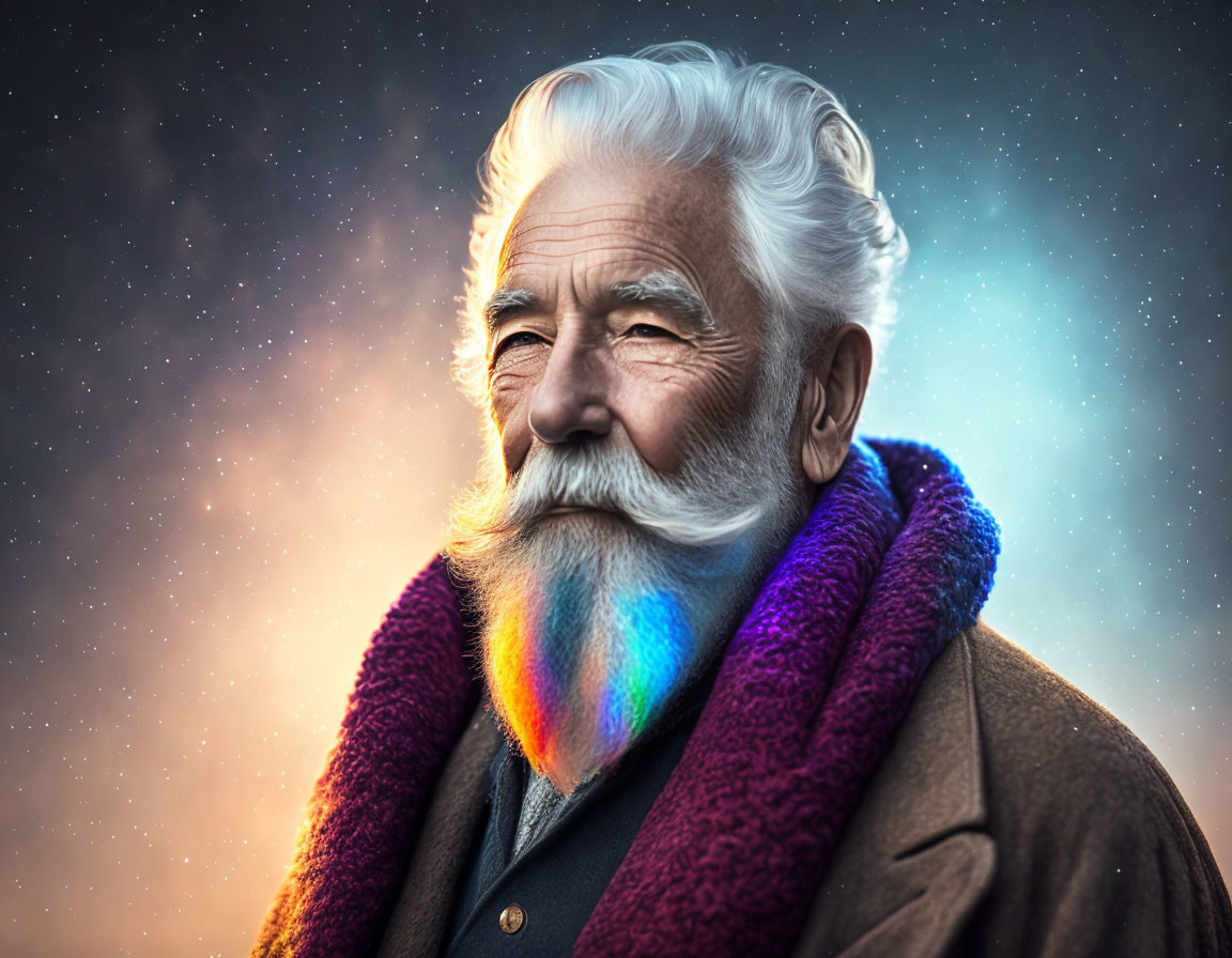 White-bearded elderly man in coat and colorful scarf under starry twilight.