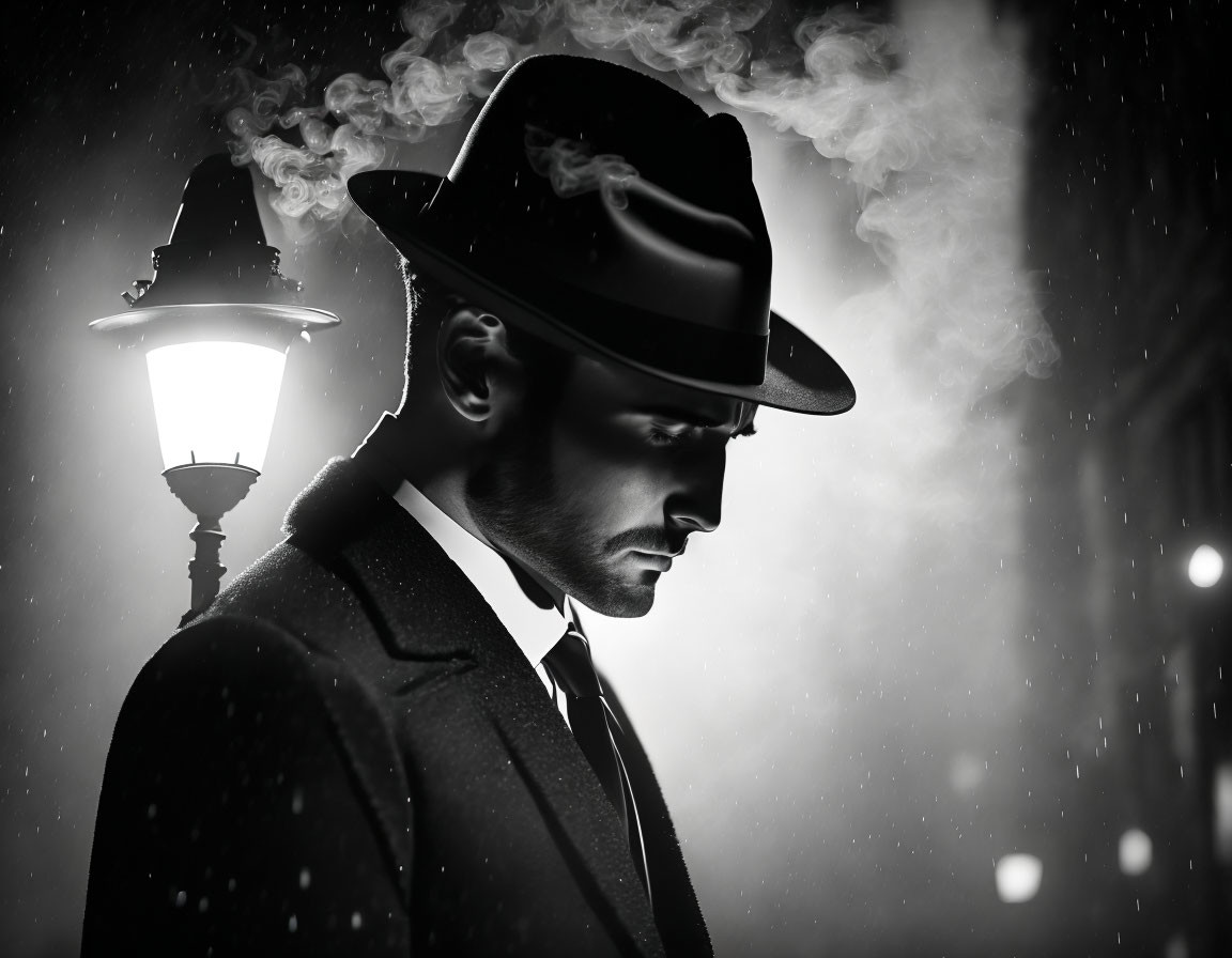 Monochrome image of pensive man in fedora with swirling smoke by glowing streetlamp on foggy