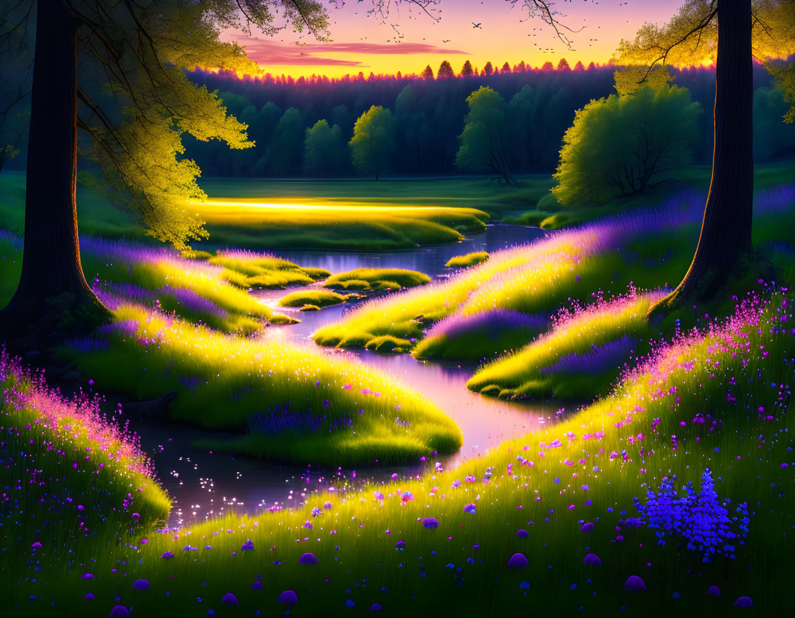 Digital artwork: Magical twilight scene with river, glowing flowers, lush trees, distant sunset