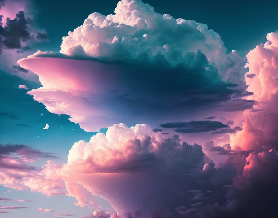 Vibrant pink and blue clouds with crescent moon in dreamy sky