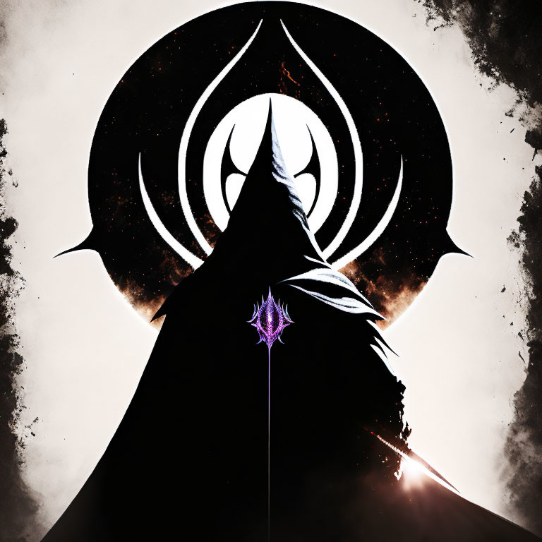 Dark Figure Silhouetted Against Light Background with Emblem