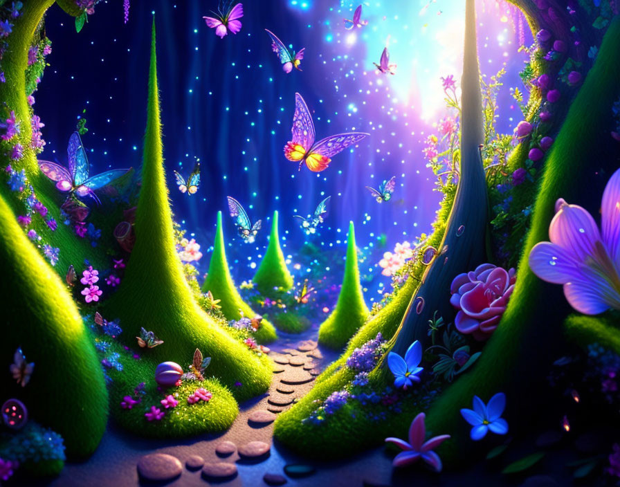 Colorful Fantasy Landscape with Glowing Path, Lush Hills, Flowers, and Butterflies