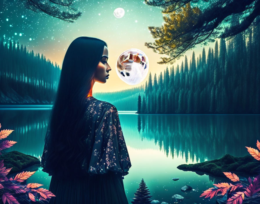 Woman in patterned outfit by serene lake with crystal ball under twilight sky