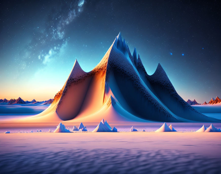 Surreal digital artwork: flowing dunes, icy peaks, starry night sky