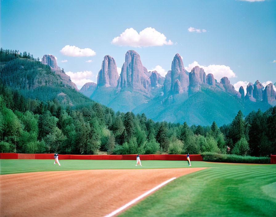 Sunny Baseball Game with Mountain Backdrop