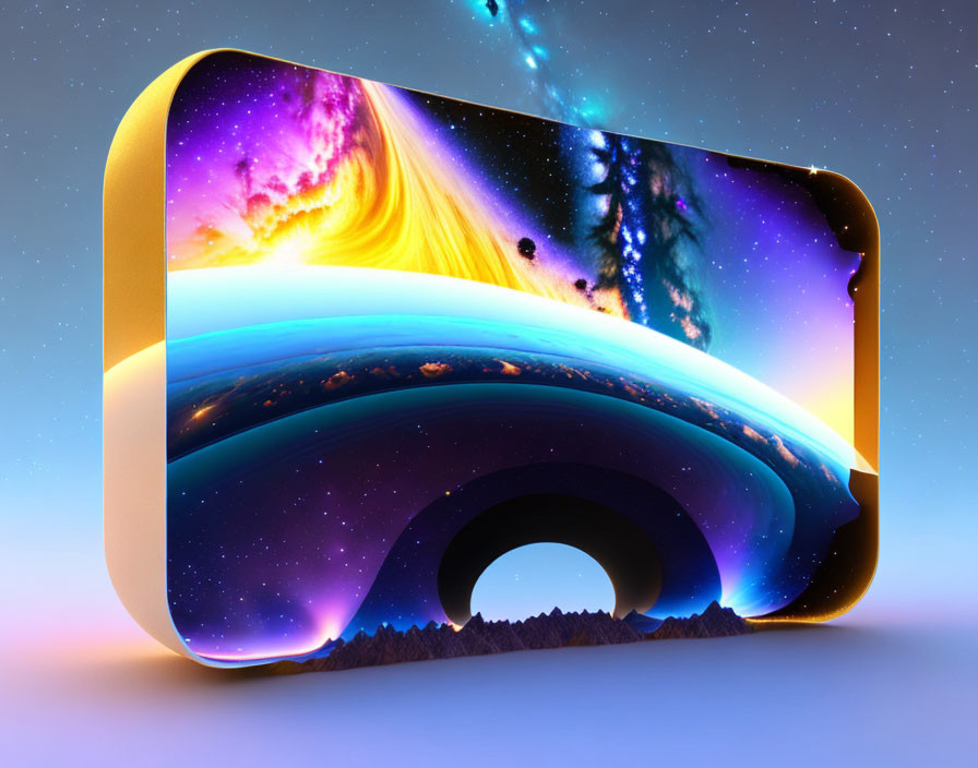 Curved edge smartphone 3D illustration with cosmic scene.