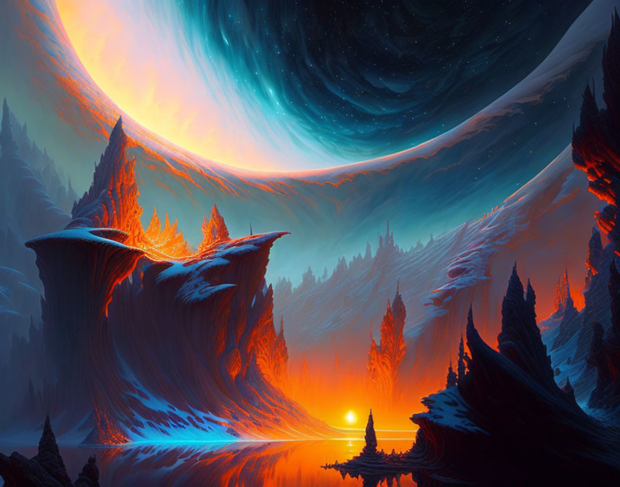 Vibrant Orange and Blue Surreal Landscape with Starry Sky and Icy Peaks