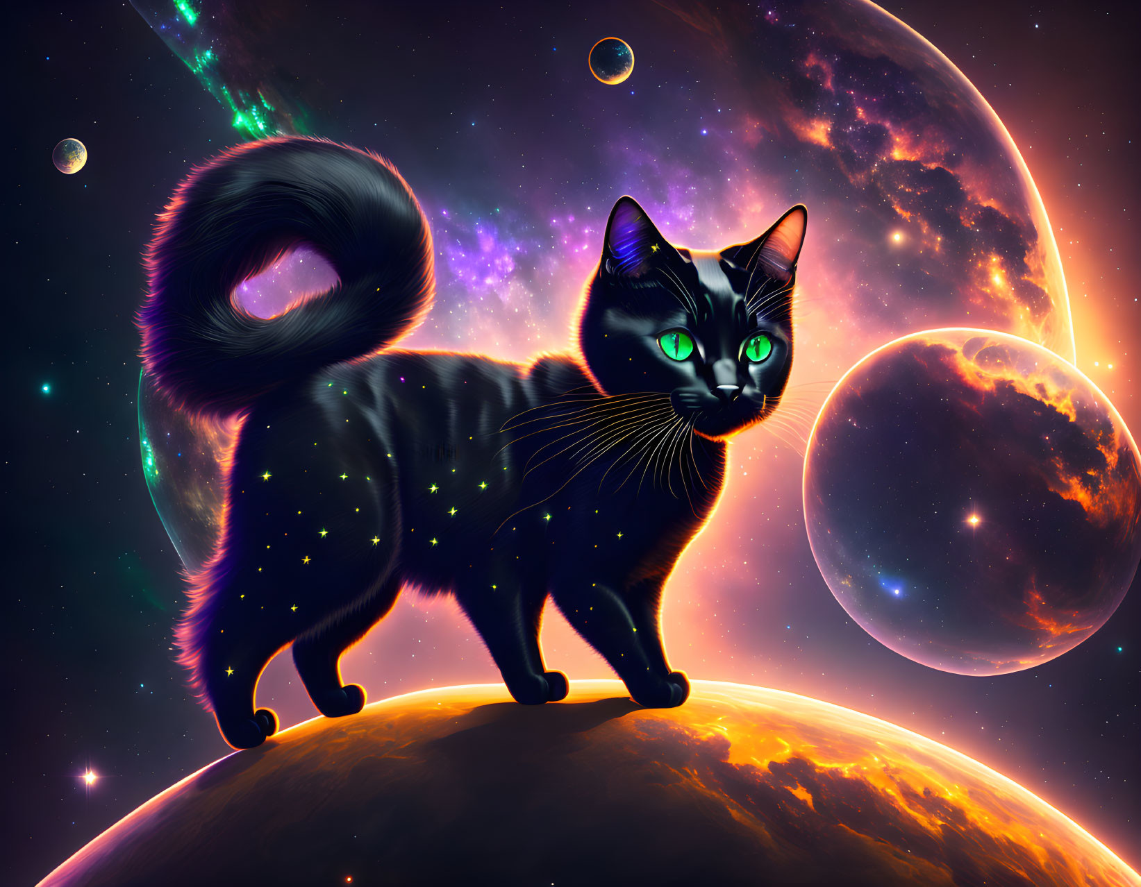 Colorful cosmic black cat illustration on planet with glowing green eyes amid space backdrop