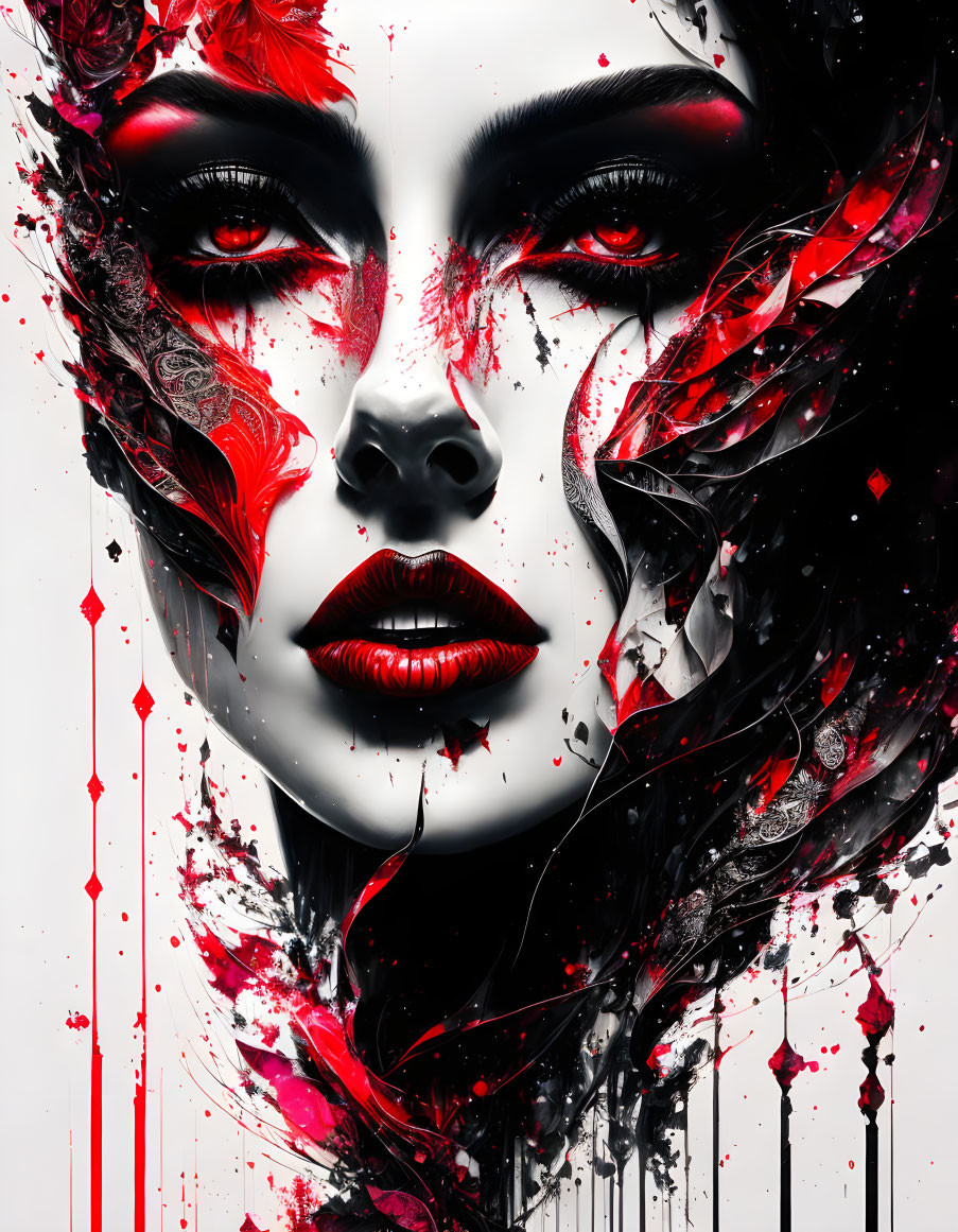 Abstract digital artwork: Woman's face with red and black colors and rose motifs