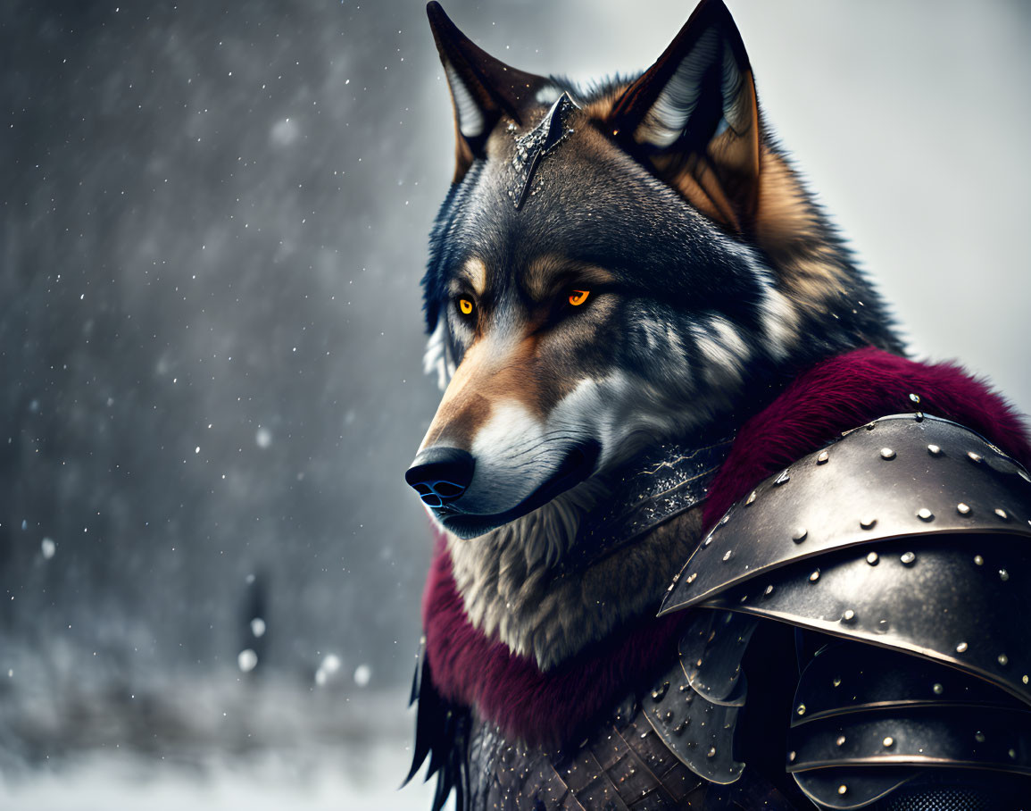 Anthropomorphic wolf in medieval armor on snowy background