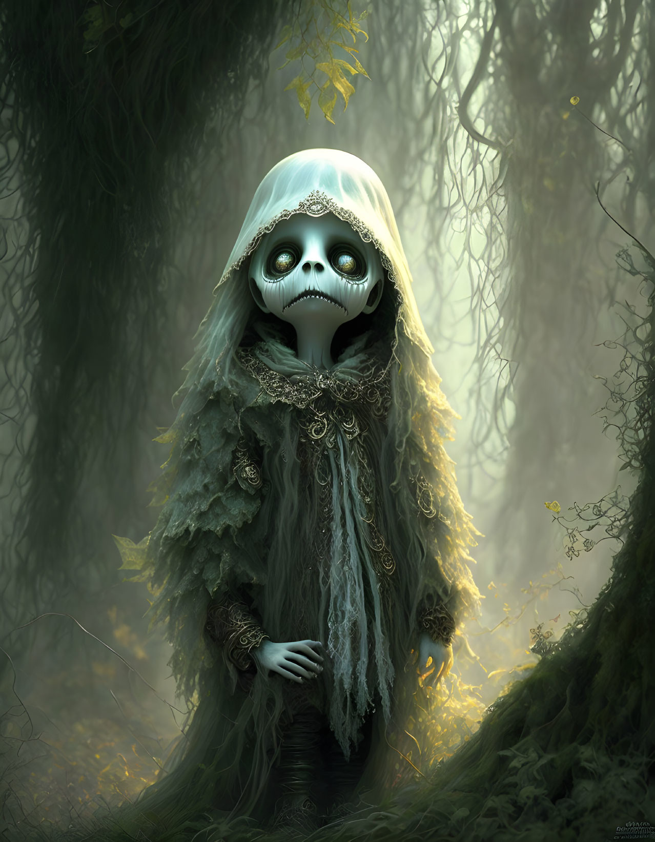 Skull-faced figure in ornate cloak in foggy forest landscape