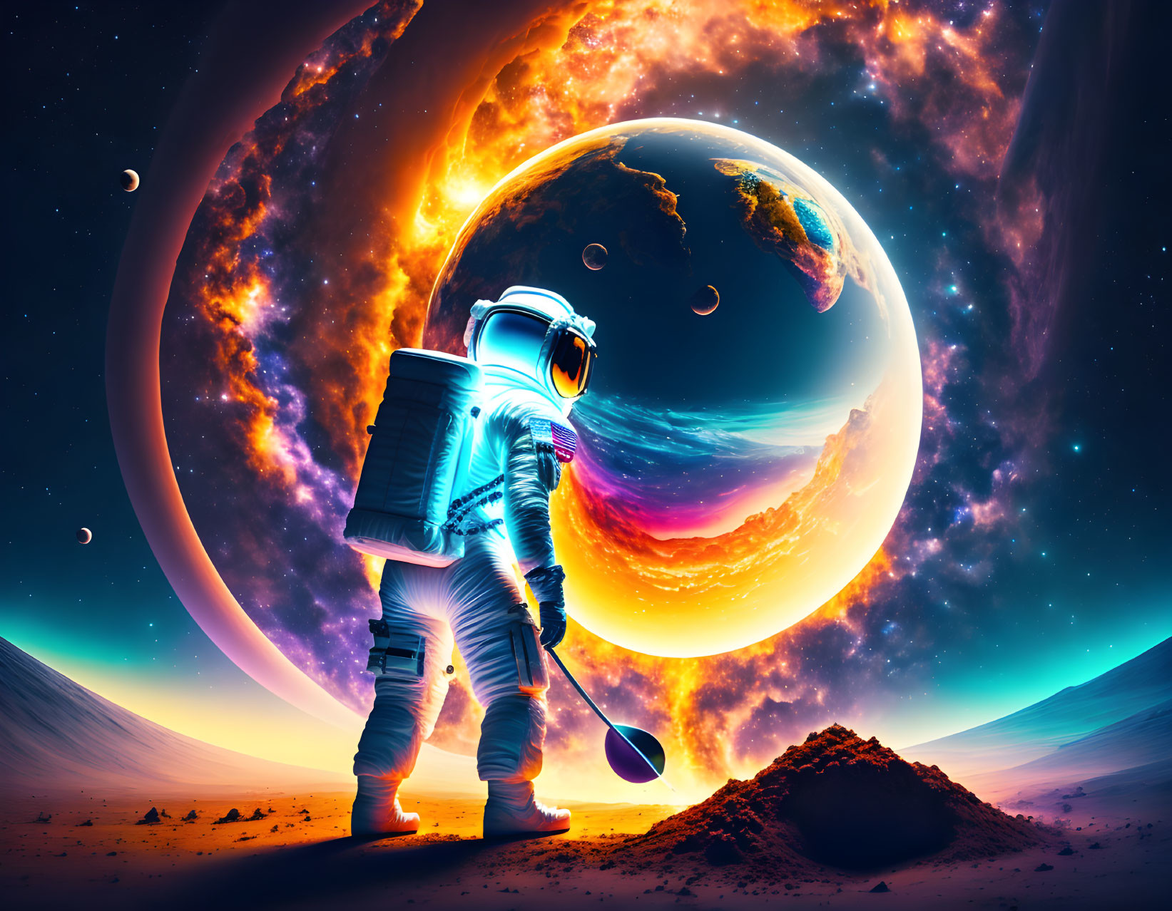 Astronaut playing golf on alien planet with colorful sky and rings of planets