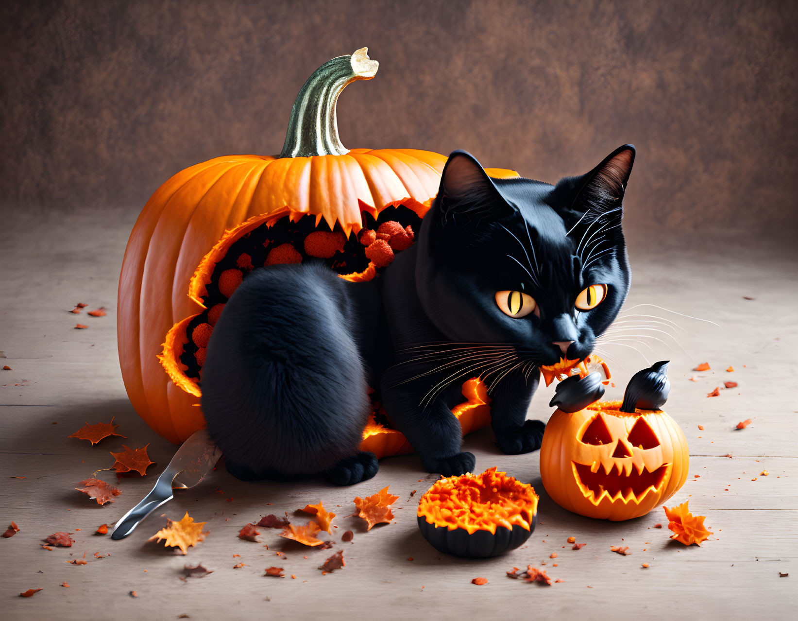 Black Cat with Yellow Eyes Beside Pumpkin and Autumn Leaves