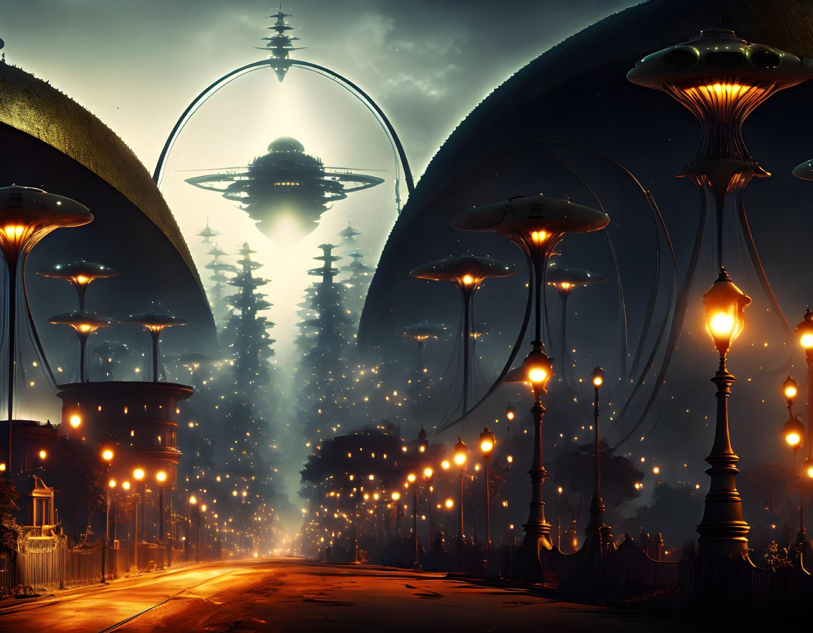 Futuristic sci-fi cityscape at night with flying saucers and mystical glow