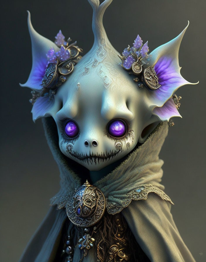 Fantastical creature with skull-like face and purple eyes, adorned with jewelry and flowers