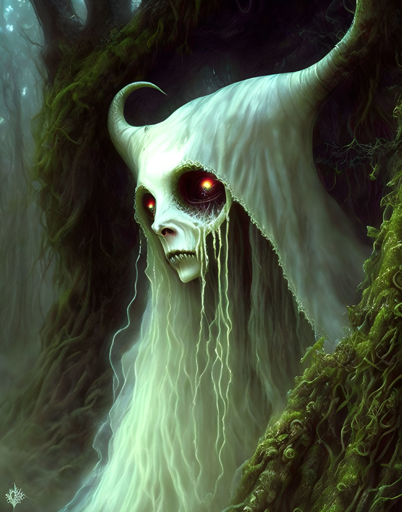 Skull-like creature with horns and red eyes in dark forest