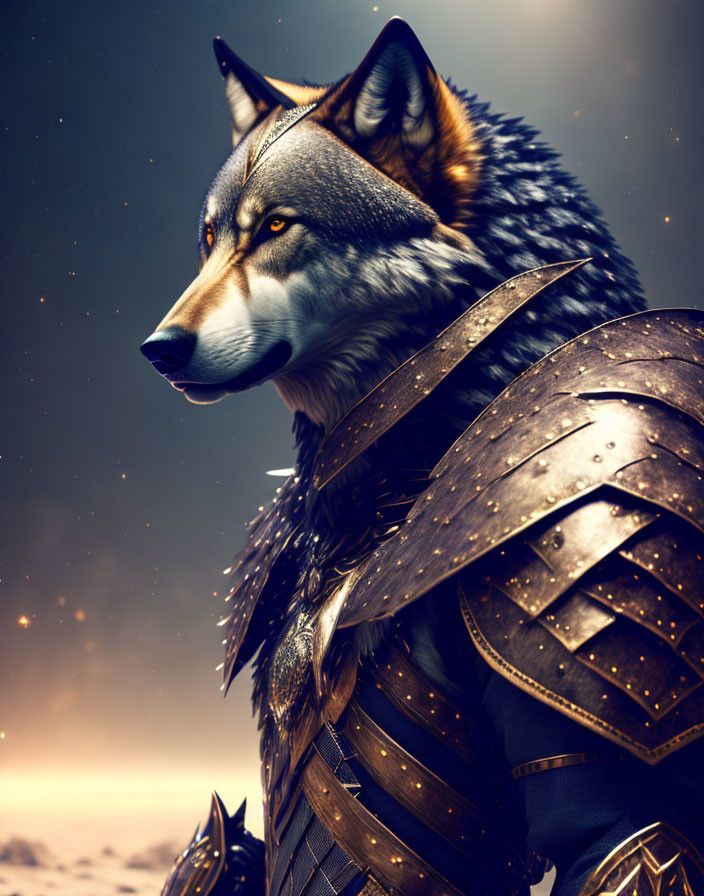 Anthropomorphic wolf in ornate armor against dusky sky