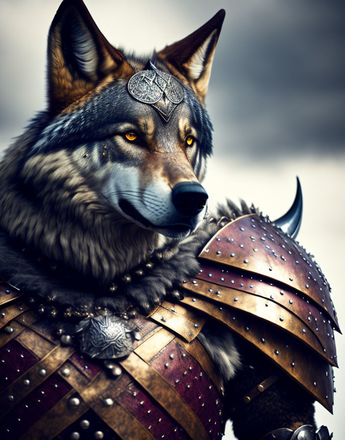 Fantasy wolf with intricate metallic armor and symbolic medallion