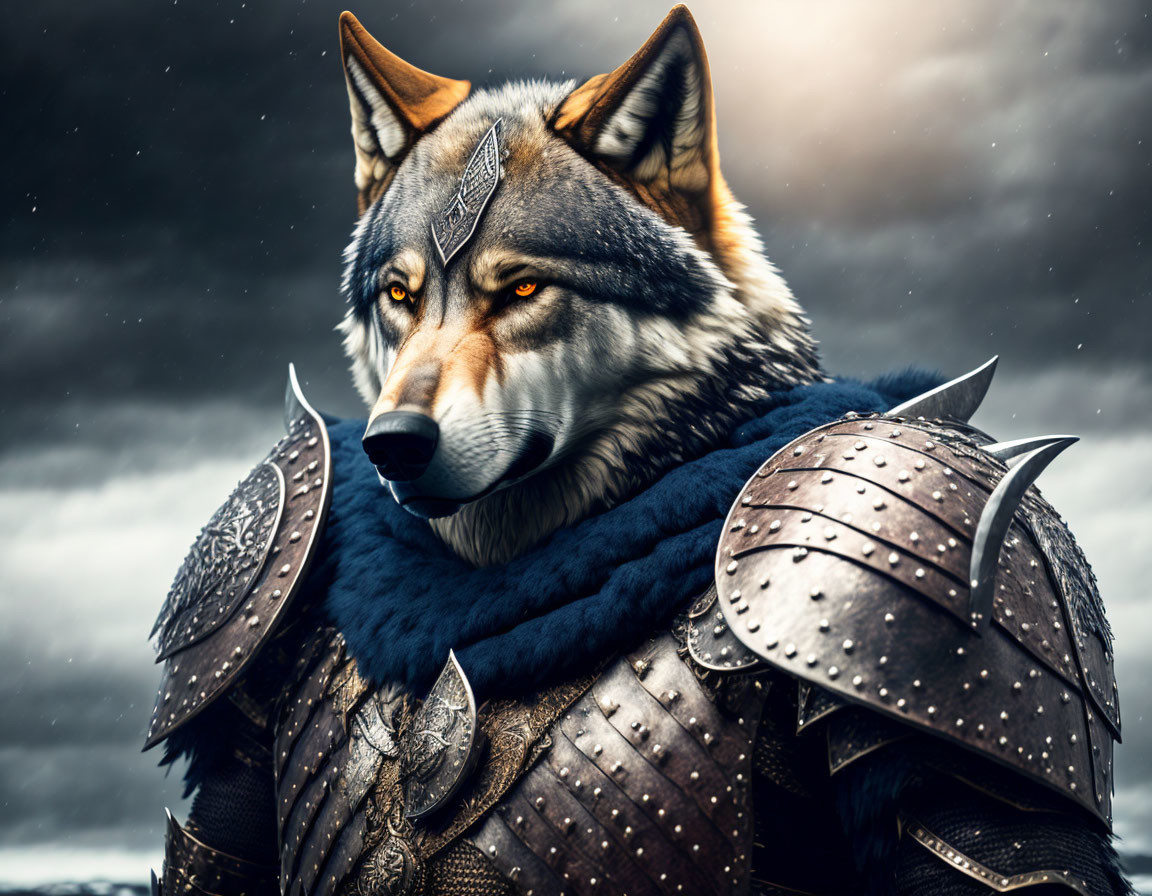 Fantasy warrior wolf with human-like armor in stormy sky landscape