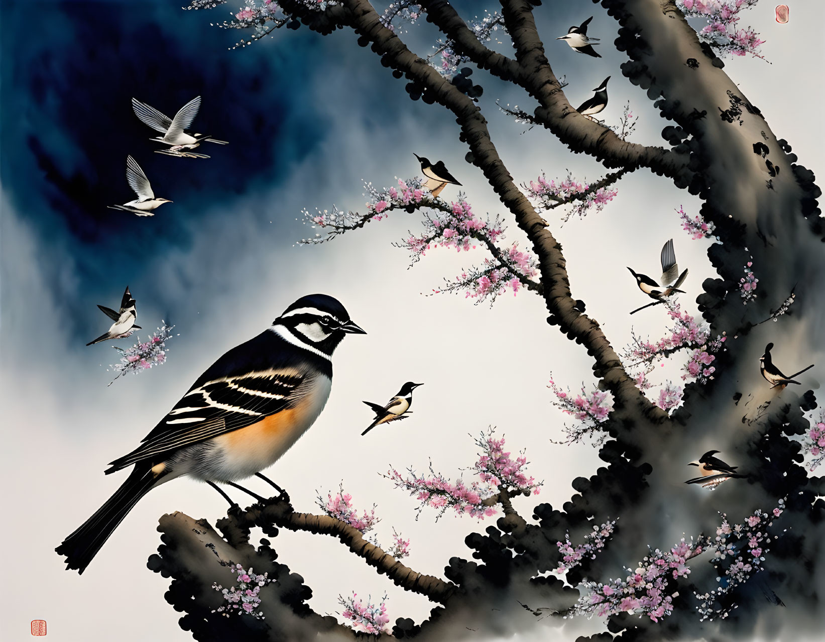 Colorful bird and blossoms with flying birds on branch against cloudy sky