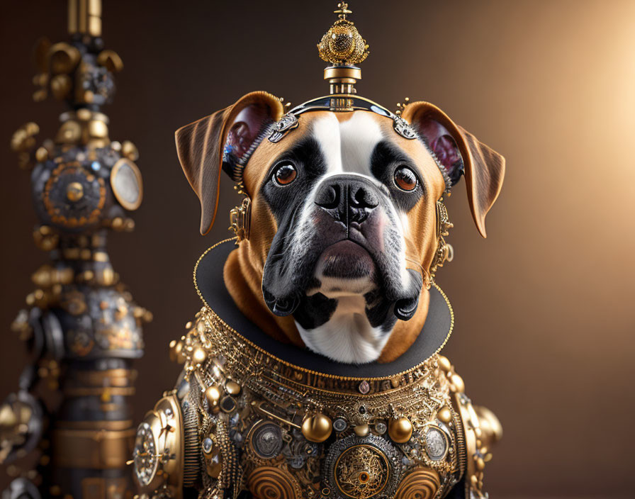 Regal dog wearing golden jewelry and crown on warm background