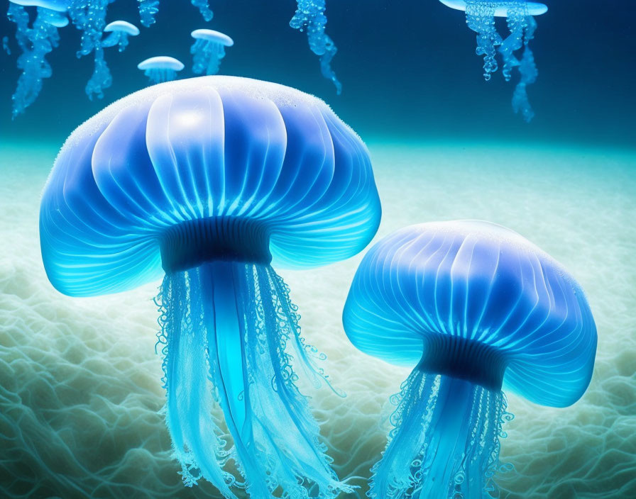 Blue glowing bioluminescent jellyfish swimming underwater