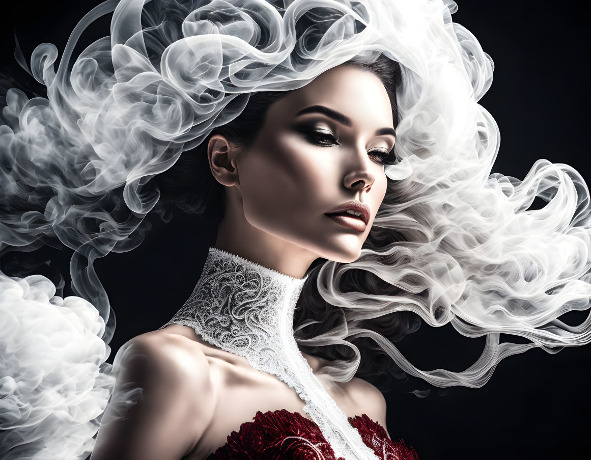 Stylized portrait of a woman with white hair, smoke effects, red and white dress