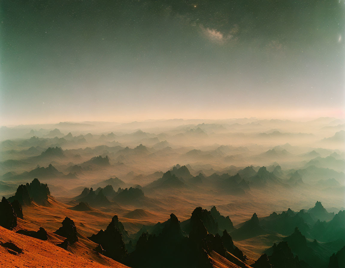 Surreal landscape with jagged peaks under starry sky and warm, ethereal glow