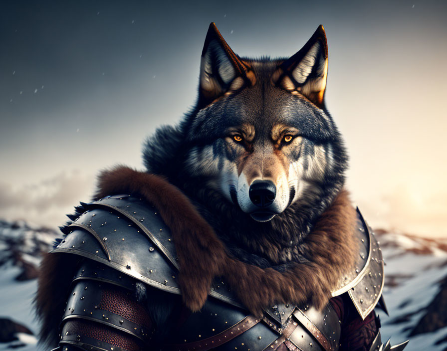 Medieval armor-clad wolf in snowy mountain scene