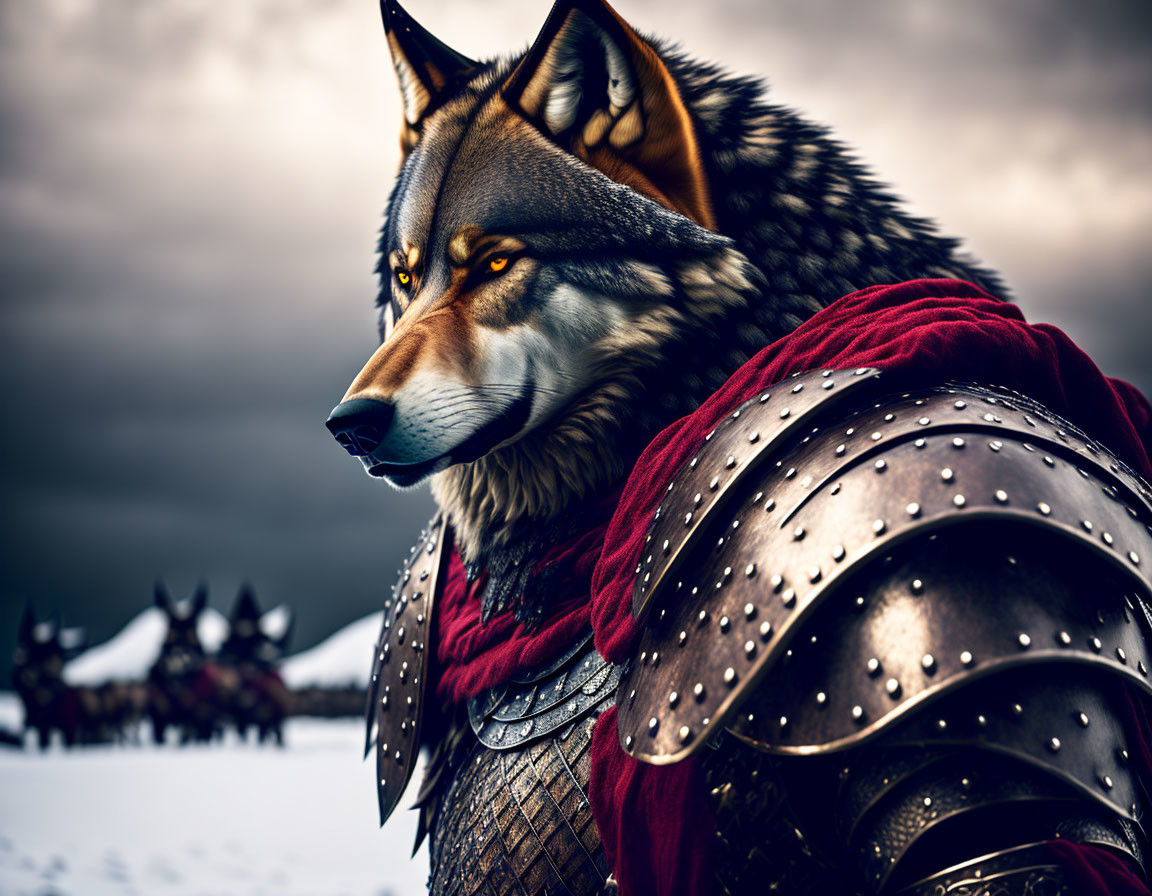 Armored wolf with human-like qualities in snowy battlefield