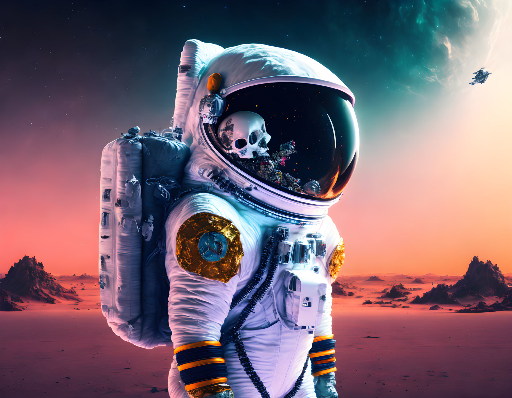 Astronaut with skull reflection on alien landscape and comet in red sky