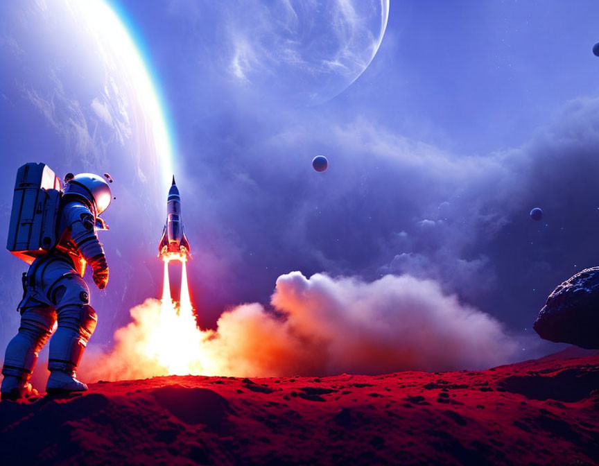 Astronaut observing rocket launch on alien planet with large moon and planets in starry sky