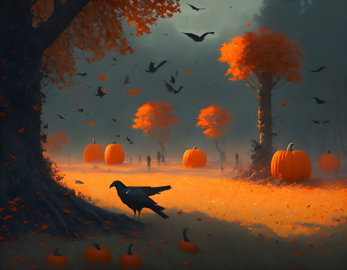 Vibrant autumn scene with orange leaves, pumpkins, birds, and foggy backdrop