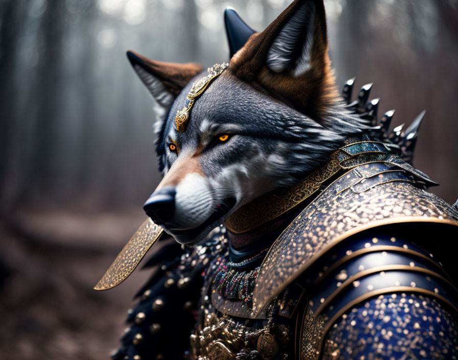 Elaborate Wolf Costume with Ornate Armor in Moody Forest