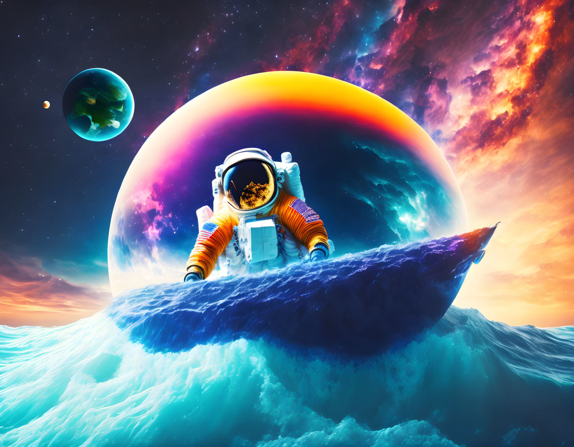 Astronaut surfing cosmic waves with vibrant space scenery