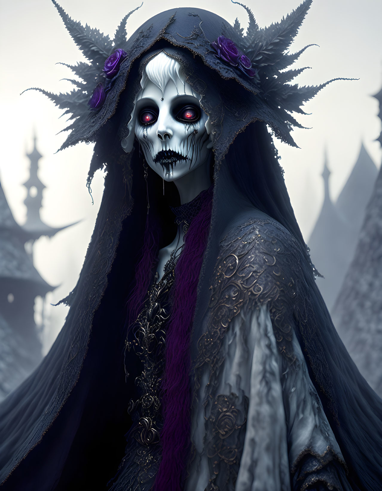 Sinister figure with skull-like face and red eyes in dark cloak.